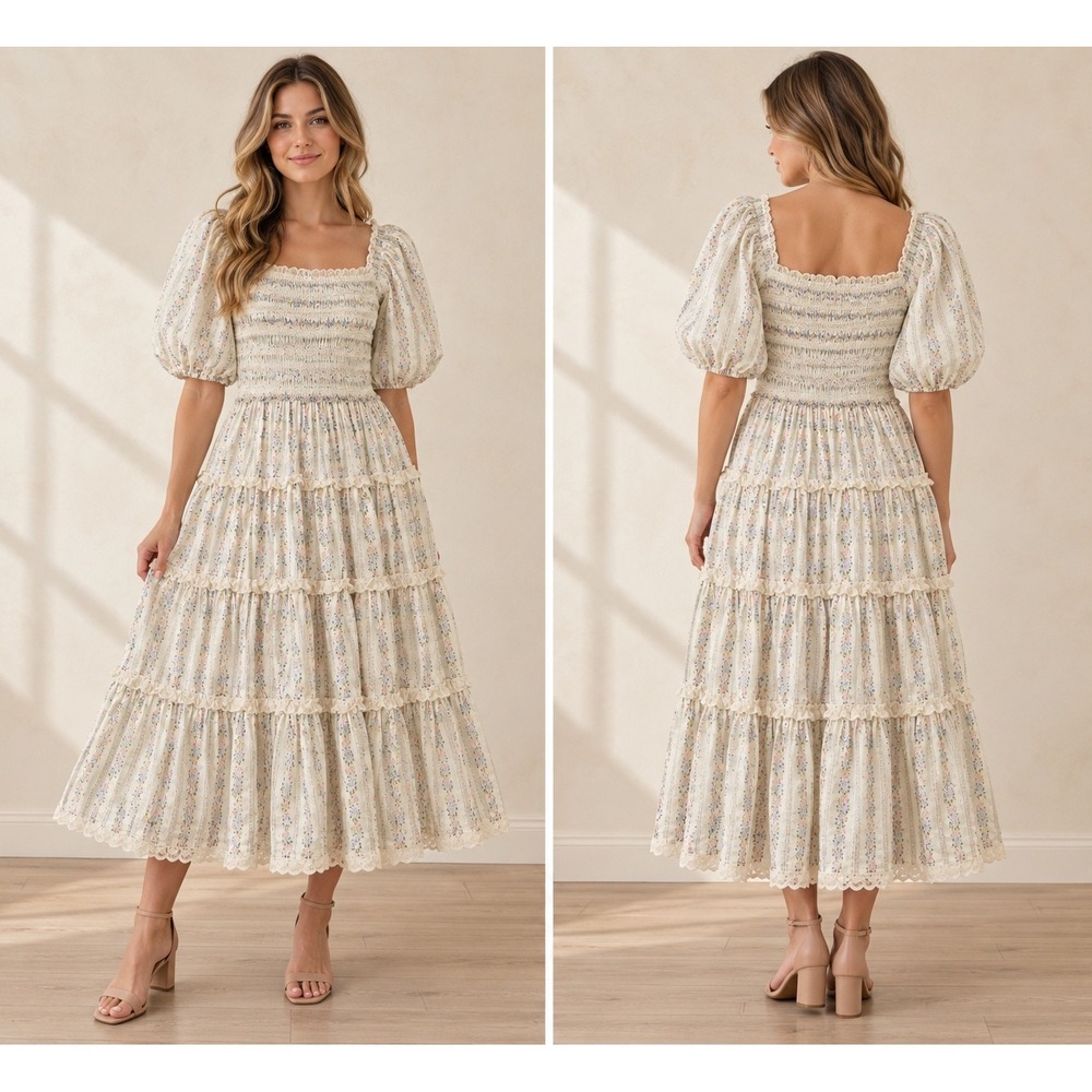 Ivy City Co Roselyn Dress Ivory Porcelain Fleur Floral Smocked Midi Cotton L